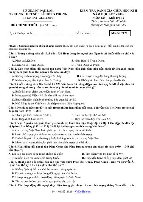 Đề thi Giữa kì 2 Lịch sử 12 năm 2025-2026 trường THPT số 1 Lê Hồng Phong (Đắk Lắk)